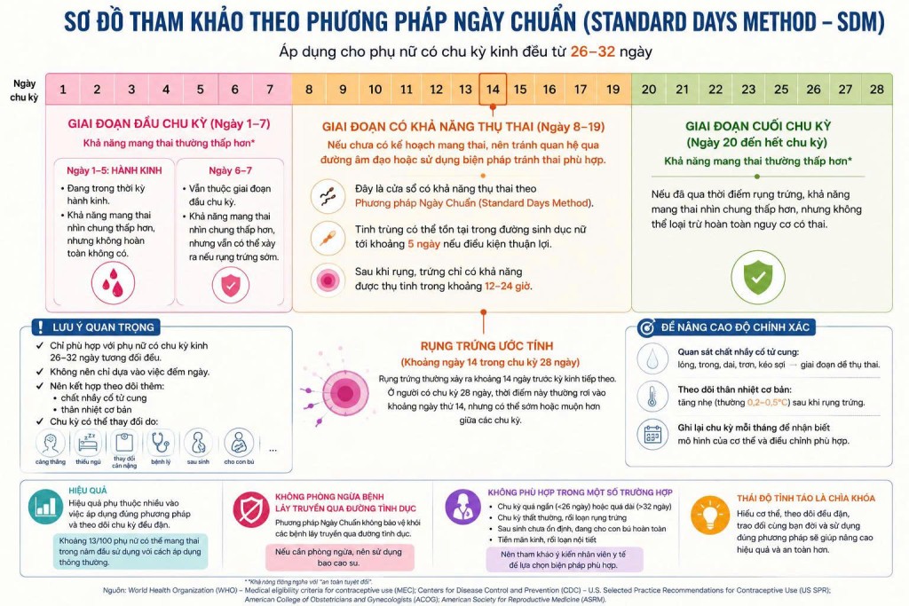 Sơ đồ Phương pháp Ngày Chuẩn Standard Days Method – ngày dễ thụ thai và ngày an toàn trong chu kỳ 26–32 ngày